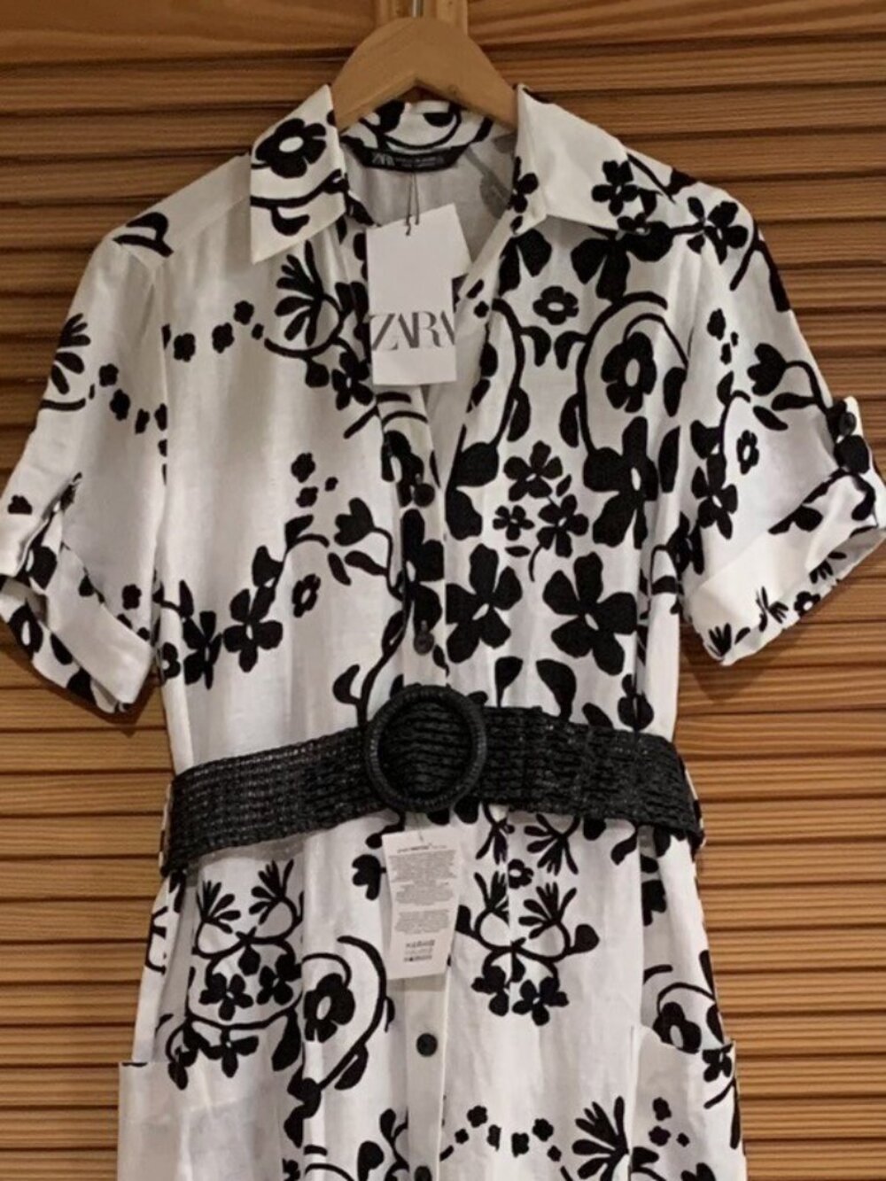 ZARA WOMEN LINEN BLEND PRINTED SHIRTDRESS WHITE AND BLACK COLOR SIZE XS